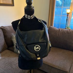 MICHAEL KORS MK Leather Satchel Shoulder Bag with gold hardware monogram lining